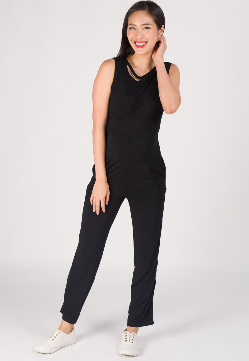 Sporty Side Band Nursing Jumpsuit in Black  by Jump Eat Cry - Maternity and nursing wear