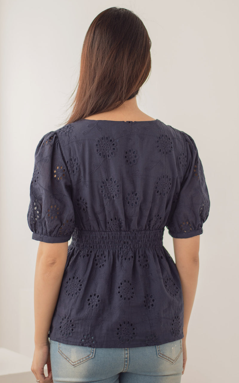 Tiffany Peplum Eyelet Nursing Top in Navy
