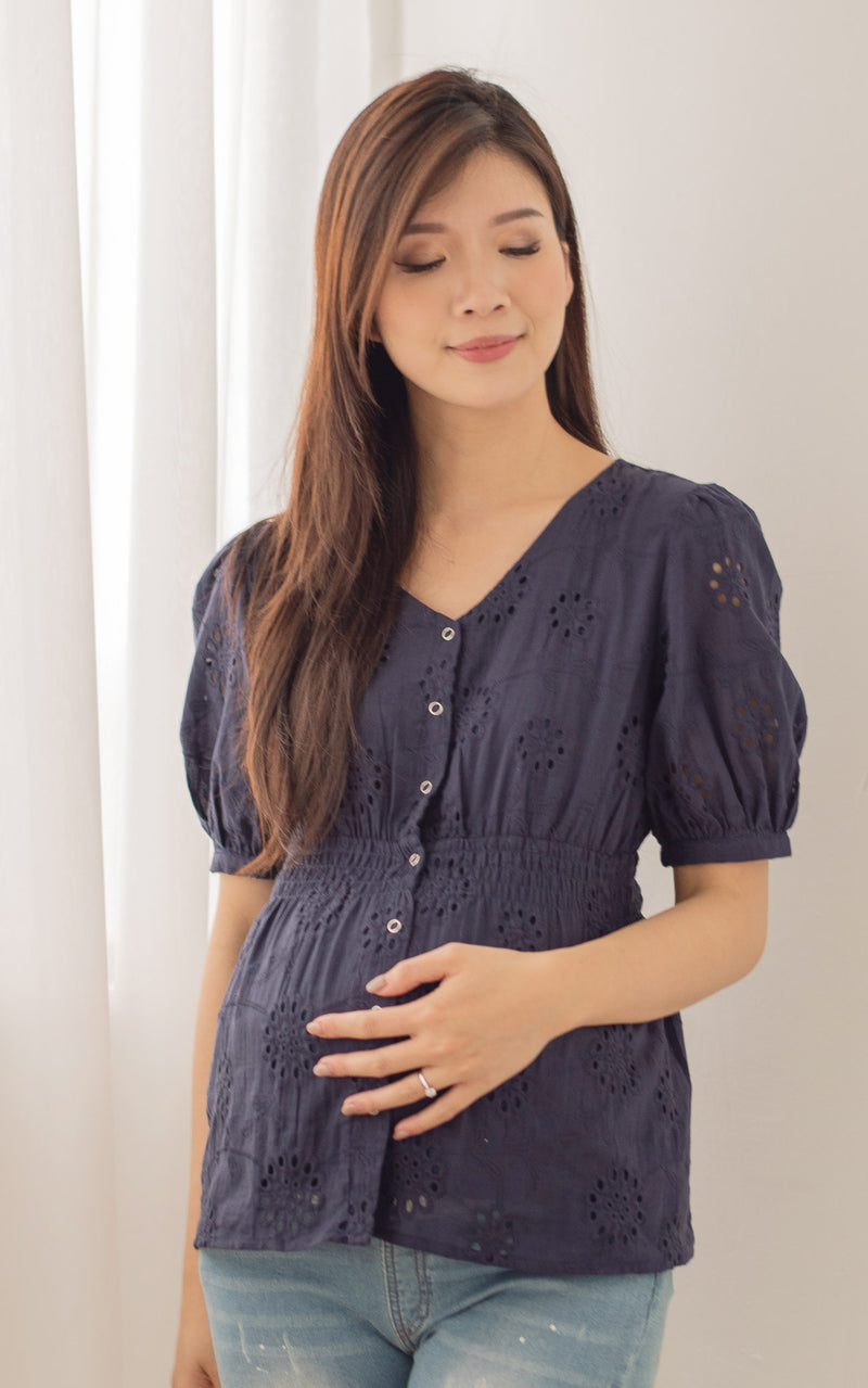 Tiffany Peplum Eyelet Nursing Top in Navy