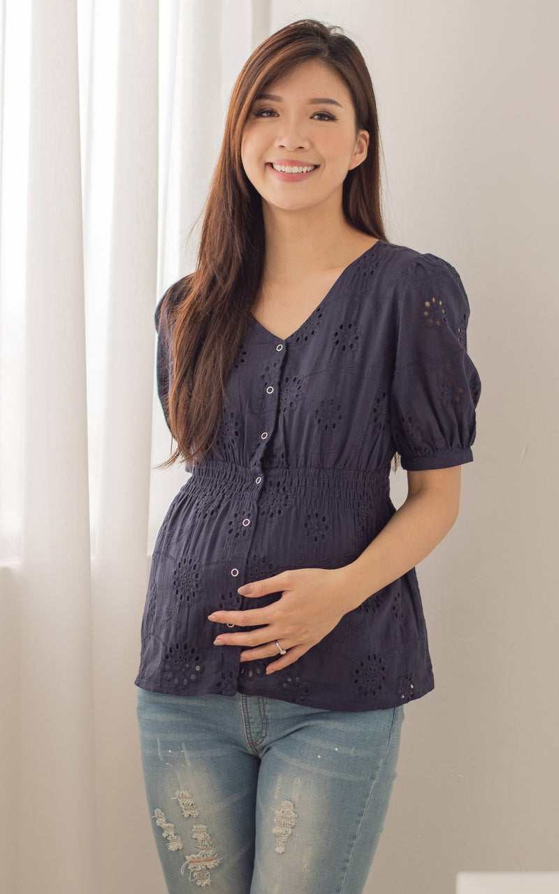 Tiffany Peplum Eyelet Nursing Top in Navy