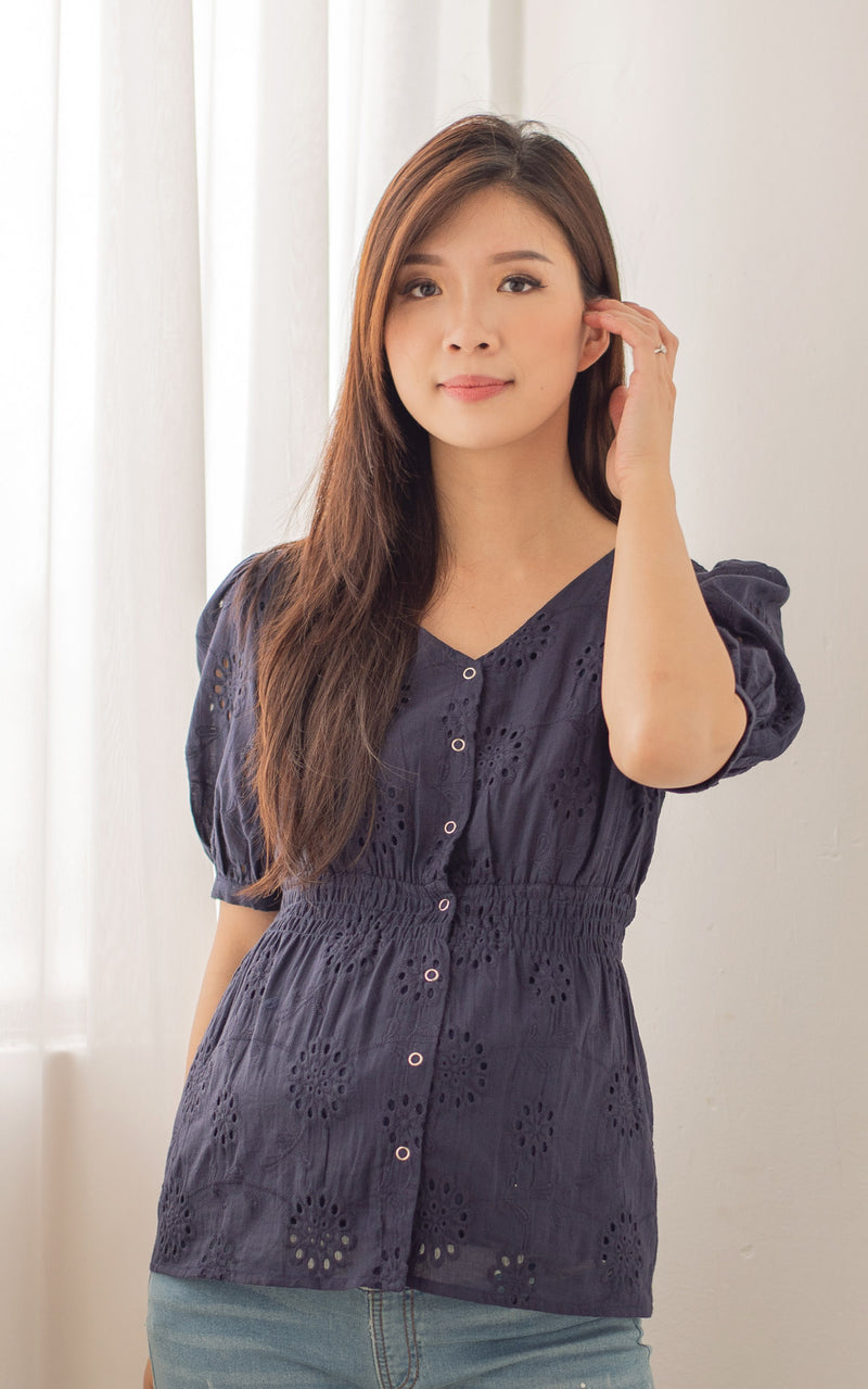 Tiffany Peplum Eyelet Nursing Top in Navy