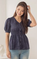 Tiffany Peplum Eyelet Nursing Top in Navy
