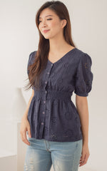 Tiffany Peplum Eyelet Nursing Top in Navy