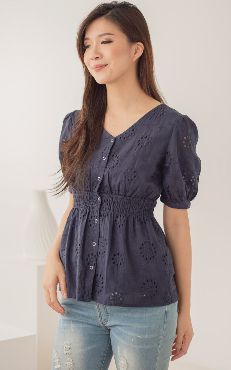 Tiffany Peplum Eyelet Nursing Top in Navy