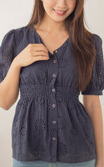Tiffany Peplum Eyelet Nursing Top in Navy