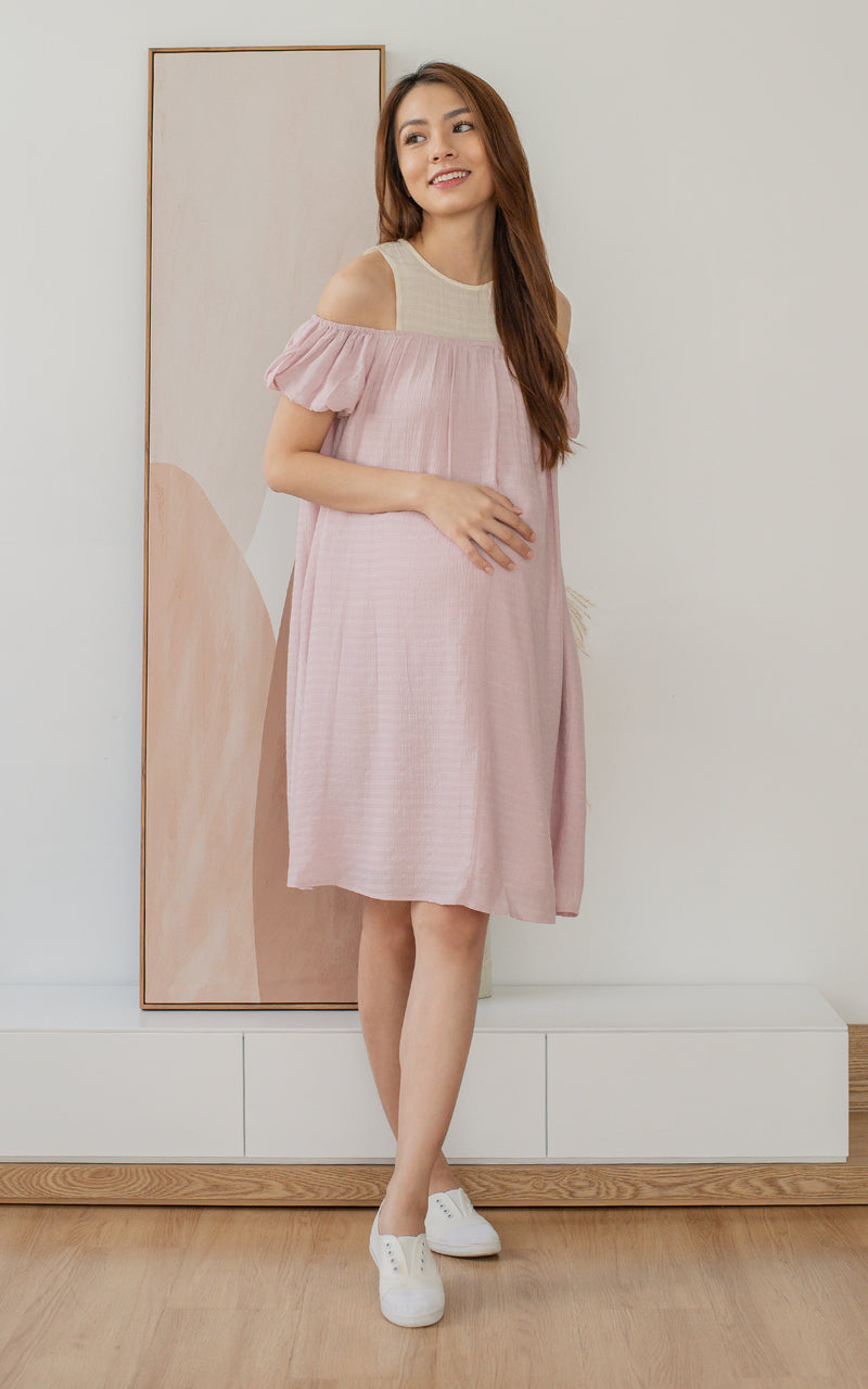 Elora Off Shoulder Nursing Dress in Blush