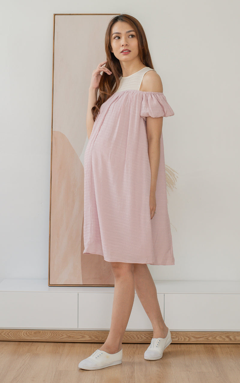 Elora Off Shoulder Nursing Dress in Blush