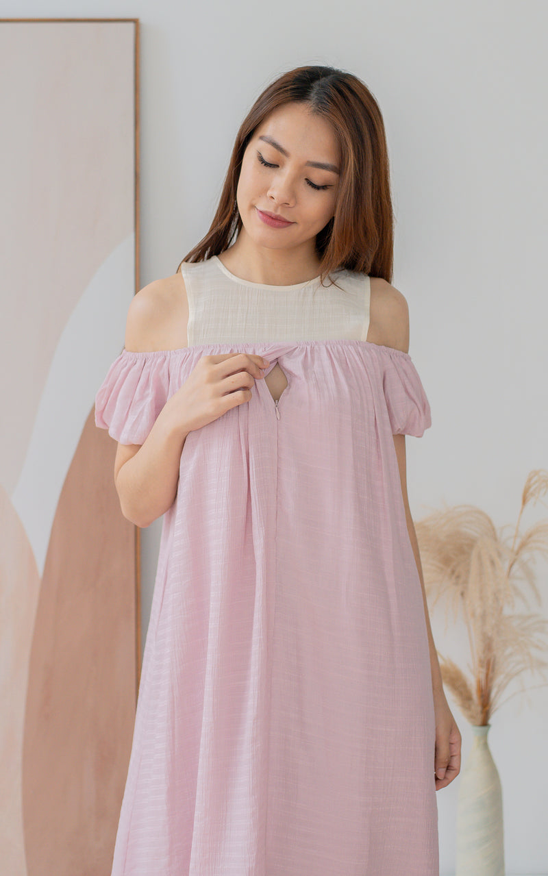 Elora Off Shoulder Nursing Dress in Blush